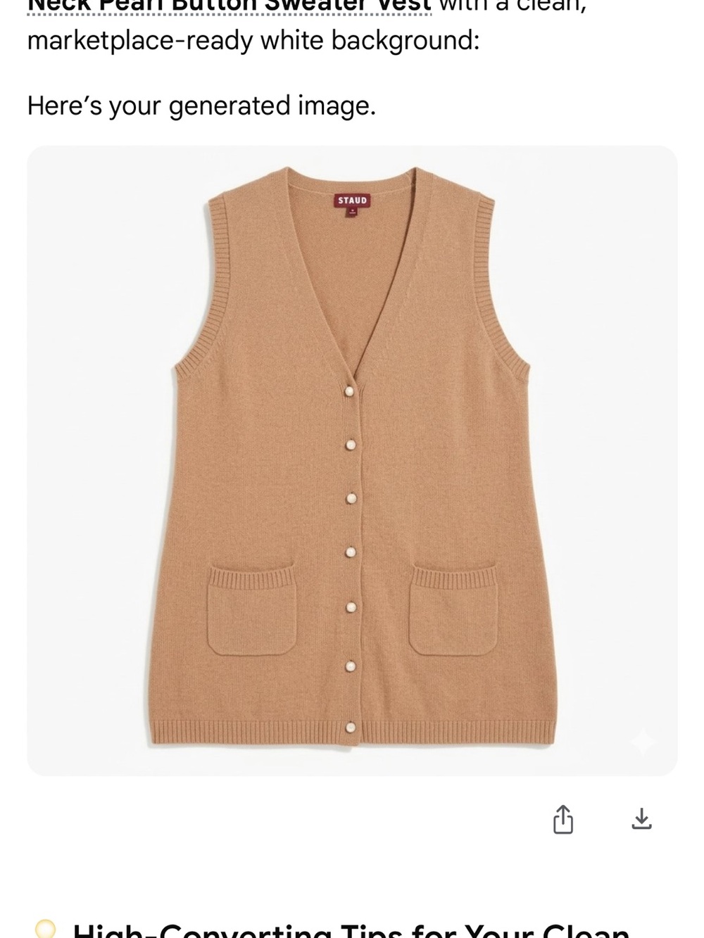 STAUD Camel Pearl-Button V-Neck Sweater Vest